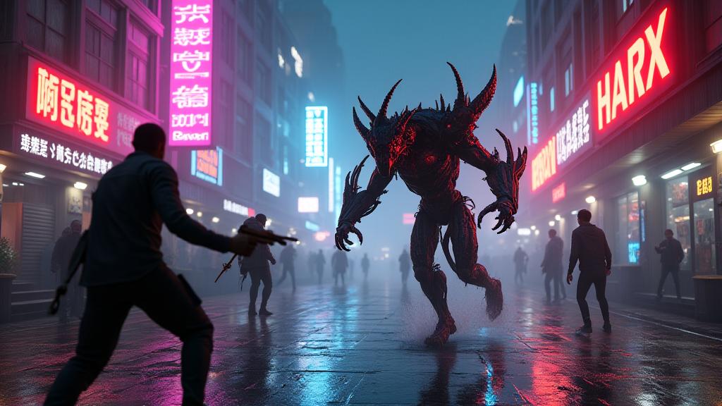 Gameplay screenshot showing the main character fighting a robotic demon in neon-lit streets.