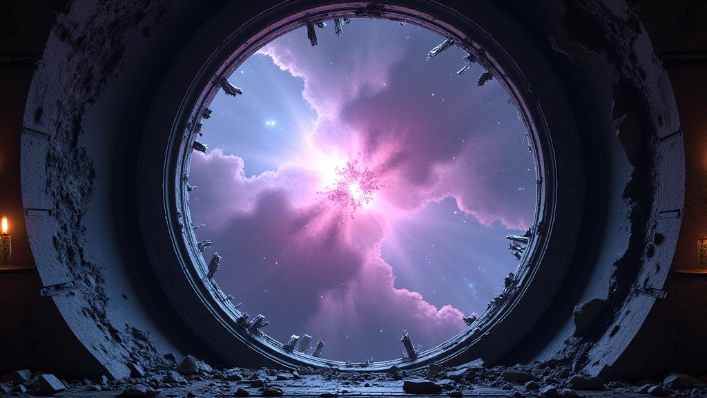 First-person view from within the VR game, looking out a broken window at a nebula.